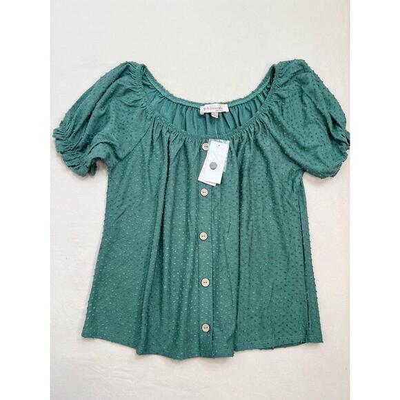 Philosophy Womens Size S Green Swiss Dot Puffed Sleeve Blouse Bohemian - Picture 2 of 9